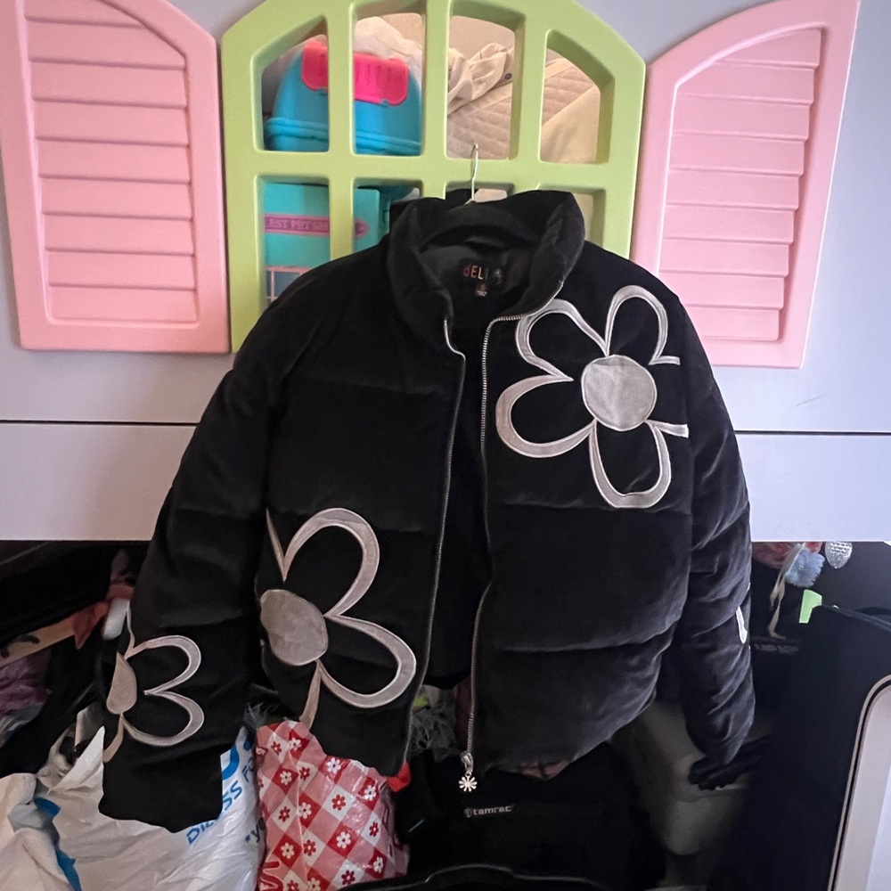 dELiA*s Black Bomber Jacket with Gray Floral Accents